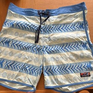 Patagonia Blue and Cream Board Shorts with Chevron Design